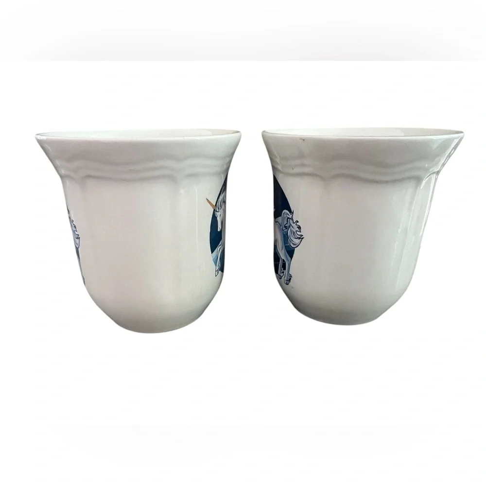 Vintage Tienshan Stoneware Unicorn Tea Coffee Cups Set Of 2 Blue Galaxy 80s EUC